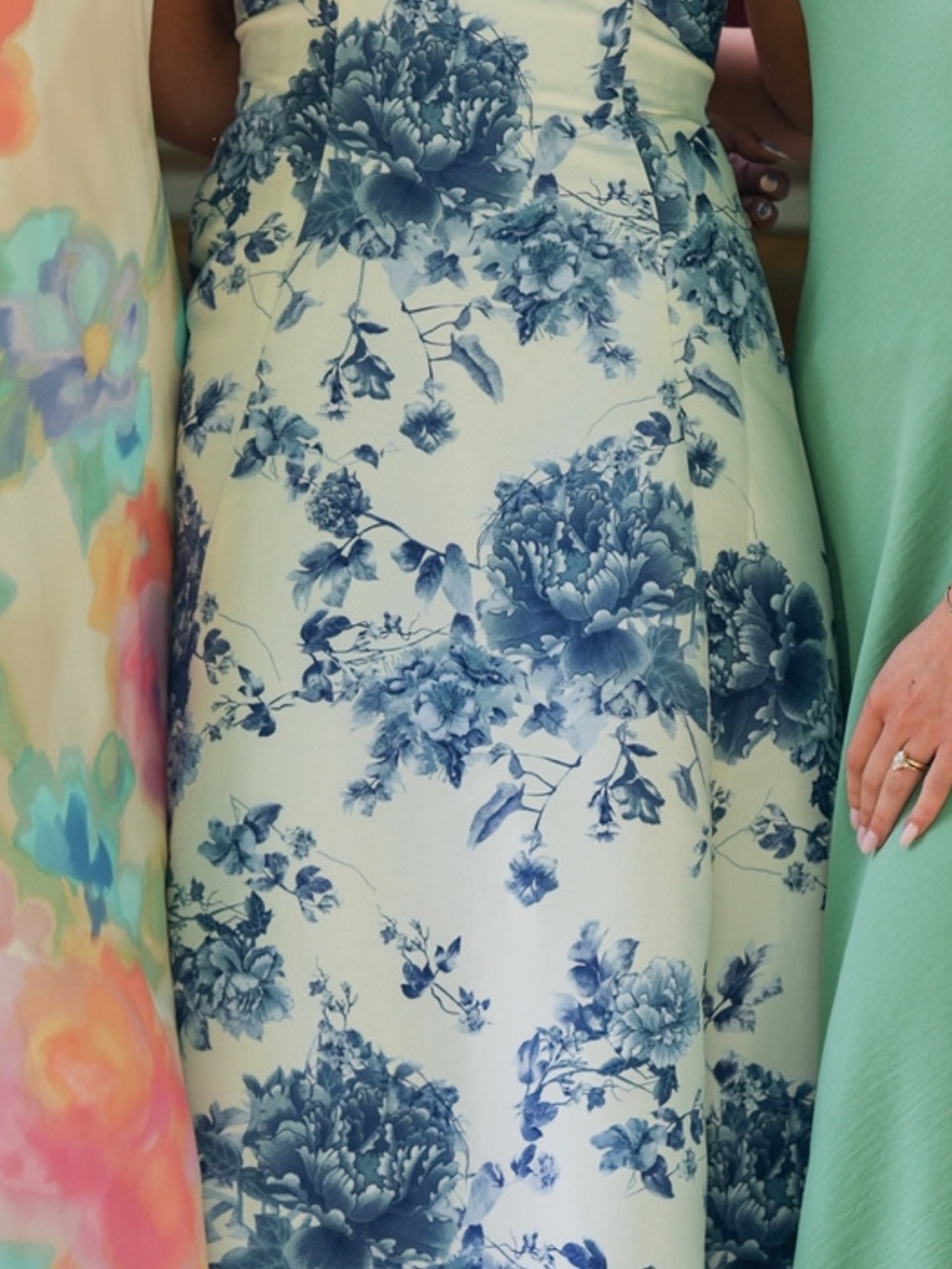 Jenny Yoo White Strapless Midi Dress with Blue Floral Print - Picture 2 of 4